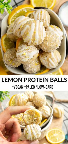 lemon protein balls in a bowl with the text vegan pale low carb