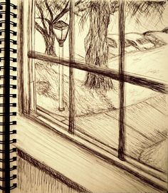 a pencil drawing of a window with trees outside