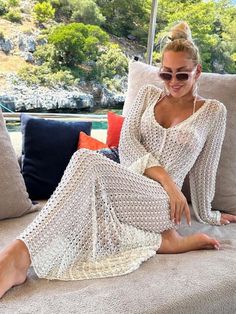 handmade crocheted hollow beach trumpet sleeve maxi cover-up dress BLUE ZONE PLANET Pool Outfits, Summer Cover Up, Crochet Maxi Dress, Crochet Maxi, Trumpet Sleeve, Maxi Robes, Mongolia, Cover Up Dress, White Maxi Dresses