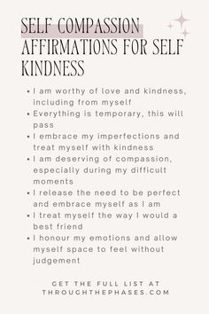 Self Compassion Exercises, Compassion Affirmations, Kindness Affirmations, Put Yourself First Quotes, Self Kindness, Mindful Self Compassion, Healthy Habits Motivation, Mindfulness Journal Prompts, Self Affirmations