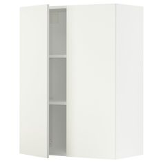 a white cabinet with two doors and shelves on the front, one door open to reveal an empty shelf