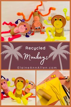 Monkeys made with paper tubes and plastic lids.. Adorable Monkeys, Recycled Crafts For Kids, Dear Zoo, Monkey Crafts, Recycled Crafts Kids, Paper Towel Tubes, Spider Monkey, Pet Monkey, Owl Crafts