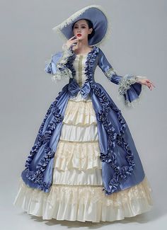 Women Blue Carnival Masquerade Dress Victorian Christmas Costume   Condition: Brand New  Color:Blue  Material: This dress made of High Quality Satins,Lace, soft,smooth and comfortable to wear  Sleeve Length: Long Flare Sleeve  Dresses Length:Floor-Length  Neckline: amp;nbsp; Square Collar  Decoration: Ruffles + Lace  Package Includes: Dress + Hat   The length of skirt about 45 inches (114 cm) long from waist to hem regardless of size. This dress is pictured with a 6-hoop skirt Petticoat undernea Victorian Princess Costume, British Queen Dress, Victorian Hoop Skirt Dress, People In Dresses Reference, Blue Aristocrat Aesthetic, Victorian Ball Gowns Blue, Dresses From 1800s, Long Victorian Dress, Victorian Royalty Dress