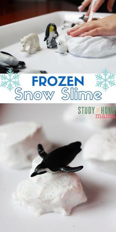 the frozen arctic slime is made with marshmallows and penguin figurines