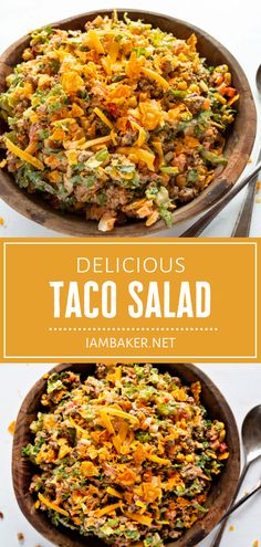 delicious taco salad in a wooden bowl with spoons on the side and title overlay