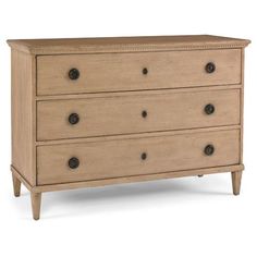 a wooden dresser with black knobs on the top and bottom drawers, against a white background