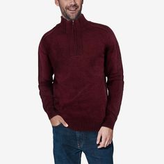 A timeless classic ribbed pullover knit sweater with quarter zip mock neck for any occasions. Mens Quarter Zip, Burgundy Sweater, Chilly Weather, Sweaters Online, Quarter Zip Pullover, Knitted Pullover Sweaters, X Ray, Slim Fit Men, Timeless Classic