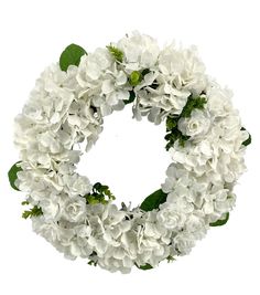 a wreath with white flowers and green leaves