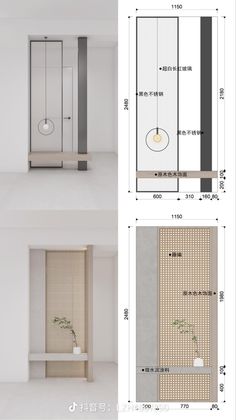 three different views of the same room with various items in each area, including a toilet and shower stall