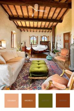 a living room filled with furniture and lots of color swatches in shades of brown, green