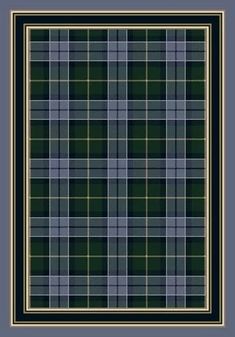 a black and green plaid pattern with gold trim on a blue background, framed in a dark wood frame