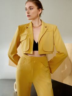 Yellow Cropped Blazer Outfit, Yellow Formal Outfit, Cropped Blazer Outfit, Yellow Tracksuit, Wedding Guest Suits, Paper Phone, Yellow Things, Food Videography