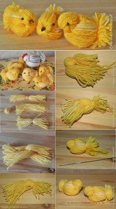 several pictures of yellow yarns and stuffed animals on a wooden table with instructions to make them