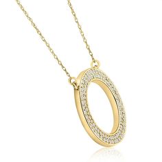 High quality womens pendant features 96 round brilliant cut natural diamonds set in 10k gold. The diamonds are prong set and attached to a 14k gold spring ring 18" chain. This fashionable diamond necklace is perfect to layer or wear alone. Yellow Gold Diamond Cut Necklace With Oval Pendant, 14k Gold Oval Necklaces With Pave Setting, Gold Diamond Necklace With Brilliant Cut Oval Pendant, Oval Diamond Pendant Necklace For Anniversary, Oval Diamond Pendant Necklace With Accents For Anniversary, Anniversary Diamond Necklace With Round Pave Pendant, Oval Pendant Diamond Necklace With Accents For Anniversary, Anniversary Diamond Necklace With Pave Setting And Round Pendant, Anniversary Round Pendant Diamond Necklace With Pave Setting