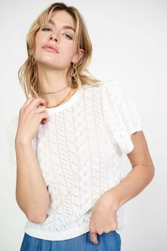 The perfect warm-weather sweater. This white pointelle top lets your skin breathe, knitted for a textural pattern with naturally built-in ventilation. •Classic Fit •Crew neckline •Short sleeves •Pointelle knit item number 2230885 65% RAYON 35% NYLON Pointelle Top, Pointelle Knit, Contrast Trim, Item Number, Warm Weather, Crew Neckline, Your Skin, Knit Sweater, Sweater Top