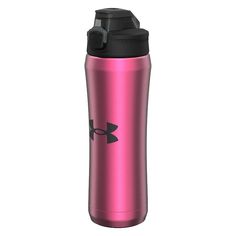 the under armour stainless steel water bottle is pink with black lid and features an emblem on the side