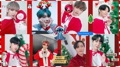 the collage shows many different people dressed in red and white outfits, with christmas decorations on