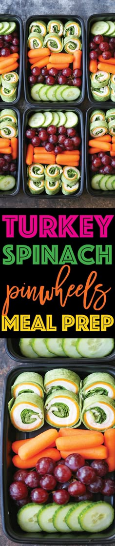 several trays filled with sliced vegetables on top of a wooden table and the words, turkey spinach family meals meal prep