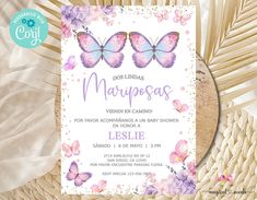 a pink and purple butterfly baby shower is displayed on a white background with palm leaves