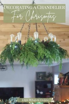 a chandelier with lights and greenery hanging from it