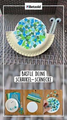 paper plate crafts with blue and green mosaic tiles