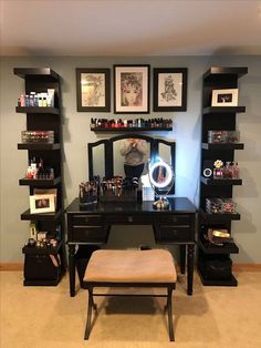 a room with a desk and shelves filled with makeup