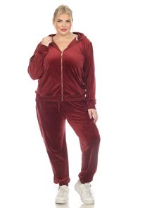 This amazing tracksuit set is a must-have! It's made from the softest velour and has a famous fitted style. Plus, it features two front half-kangaroo pockets, ribbed cuff and full zip closure - perfect for any workout or sports activity! Get yours today to feel comfortable while looking fabulous for anything from jogging to daily wear. White Mark Plus Size 2-Pc Velour Tracksuit Set | Brick Red | Intimates | Materials & Care Instructions: ['94% Polyester, 6% Spandex', 'Hand wash', 'Imported'] Velvet Loungewear, Velvet Tracksuit, Velour Tracksuit, Suspenders For Women, Hoodie And Sweatpants, Sleeves Clothing, Tracksuit Set, Khaki Dress, Self Design