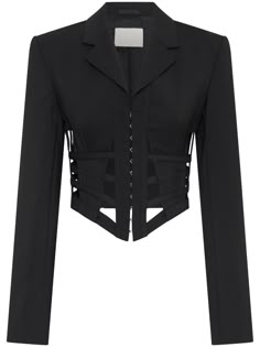 black wool blend caged design notched lapels concealed front fastening hook fastening long sleeves asymmetric hem Corseted Blazer, Straight Jacket Fashion, Evil Clothes, Couture Blazer, Corset Blazer, Stray Kids Fashion, Clothing Pattern Design, Structured Jacket, 90s Jacket