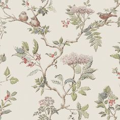 a wallpaper with birds, berries and leaves on the branches is shown in this image