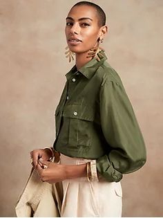 Women’s Tops – Blouses & Shirts | Banana Republic Olive Green Shirt Outfit, Silk Shirt Outfit, Olive Green Shirt, Capsule Wardrobe Work, Button Up Shirt Womens, Safari Shirt, Silk T Shirt, Utility Shirt