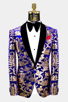 Royal Blue And Gold Tuxedo, Blue And Gold Tuxedo, Gold Tuxedo Jacket, Royal Blue Boots, Gold Tuxedo, Royal Blue Outfits, Tuxedo Prom, Sport Casual Outfit, Royal Blue Suit