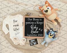 a baby's birth announcement is displayed on a blanket with toys and other items