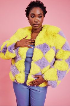 Our yellow and purple diamond check jacket made from the finest faux fur is a real statement piece. Beautiful and bold this sumptuously soft coat will keep you warm and in style throughout the cold winter months.  15% acrylic 85% modacrylic Faux Fur Bag, Check Jacket, Dopamine Dressing, Yellow Coat, Metallic Jacket, Faux Fur Hat, Faux Fur Scarves, Cashmere Gloves, Purple Diamond