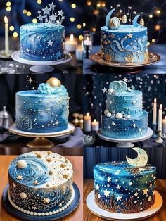 there are many different cakes with stars and moon designs on the top one is blue