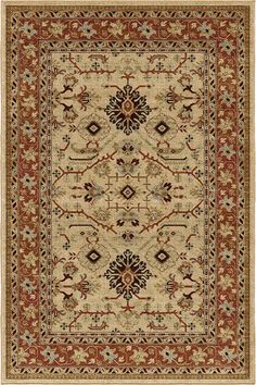 a beige and red rug with an ornate design