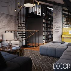 a living room filled with furniture and a spiral stair case next to a bookshelf