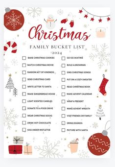 a christmas bucket list is shown with ornaments and presents on the side, including stockings