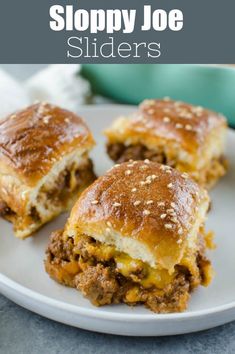 sloppy joe sliders on a white plate with text overlay