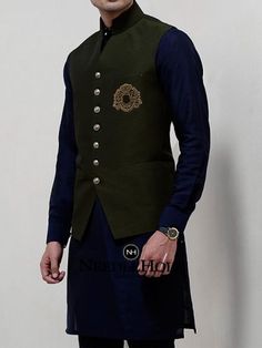 3 pockets embroidered dark olive green waistcoat Green Waistcoat