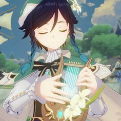 an anime character holding a small instrument in her hands