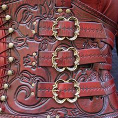 the belt is adorned with gold rings and metal buckles, which are attached to red leather