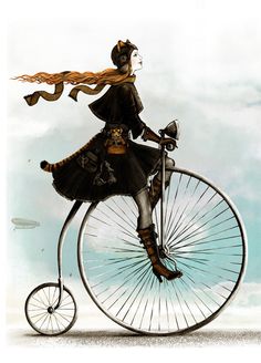 a drawing of a woman riding an old fashioned bicycle with long hair in the wind