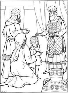 Hannah presents Samuel to God, keeping her promise to dedicate him to God's service. Biblw coloring page. Sunday School Crafts For Kids, School Coloring Pages, Bible Crafts For Kids, Bible Coloring Pages