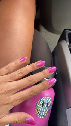 Hot Pink Hoco Nails Almond, Hot Pink Nails Round Shape, Round Pink Nails, Short Round Hot Pink Nails, Hot Pink Nail Tips Almond, Summer Nails Almond, Pink Summer Nails, Short Almond Nails