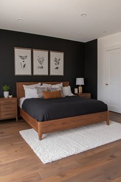 a bedroom with black walls and white carpeting, two framed pictures above the bed