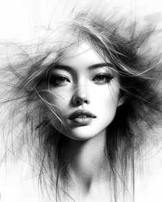 a black and white photo of a woman with her hair blowing in the wind,