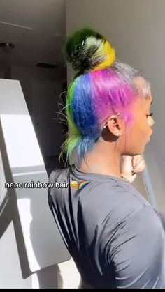 #hairdyeideas #hair #backtoschoolhairstyles #hairstylesforblackwomen Multi Colored Hair Black Women, Rainbow Hair Black Women, Rainbow Peekaboo Hair, Rainbow Locs, Rainbow Dreads, Peekaboo Hair Colors, Exotic Hairstyles, Natural Hair Bun Styles