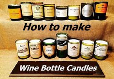 a group of wine bottle candles sitting on top of a couch next to a sign that says how to make wine bottle candles