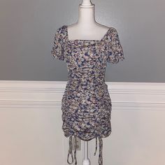 Floral Ruched Dress. Nwot Summer Purple Dress With Ruched Bodice, Purple Ruched Bodice Summer Dress, Purple Ruched Bodice Dress For Summer, Casual Square Neck Ruched Dress, Summer Dresses With Ruched Sides And Square Neck, Blue Flowy Ruched Mini Dress, Blue Ruched Flowy Mini Dress, Spring Square Neck Dress With Ruched Sides, Purple Ruched Mini Dress For Beach