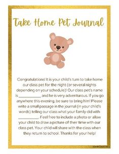 a card with a teddy bear on it that says, take home pet journal congratulations